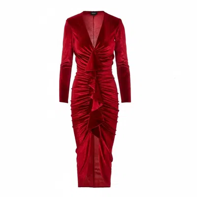 Bluzat Women's Velvet Red Midi Ruffle Dress