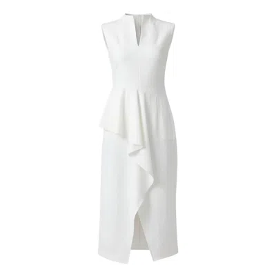 Bluzat Women's White Asymmetrical Midi Dress With Decorative Ruffle