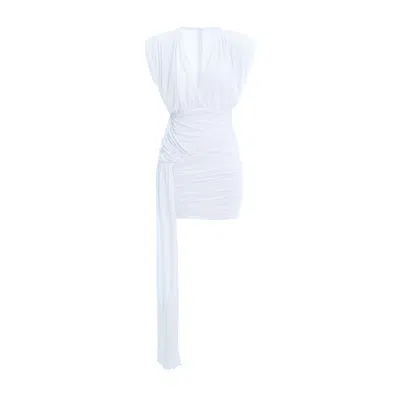 Bluzat Women's White Asymmetrical Ruched Dress