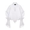 Bluzat Women's White Oversized Shirt With High Collar And Balloon Sleeves In White