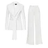 Bluzat Women's White Suit With Blazer With Scarves And Wide Leg Trousers In White