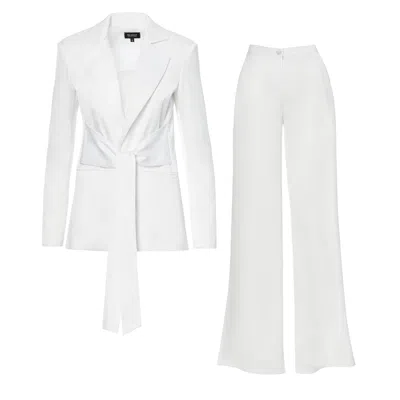 Bluzat Women's White Suit With Blazer With Scarves And Wide Leg Trousers