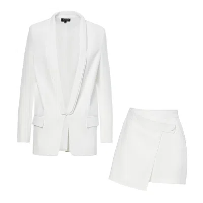 Bluzat Women's White Suit With Oversized Blazer With Double Lapels And Shorts With Skirt