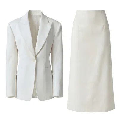 Bluzat Women's White Suit With Tailored Blazer And Midi Skirt