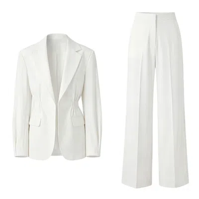 Bluzat Women's White Suit With Waist Accentuated Blazer And Wide-leg Trousers