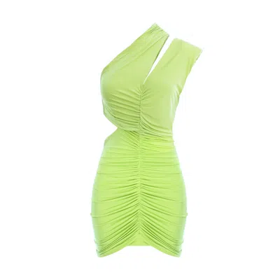 Bluzat Women's Yellow Lime Goddess One-shoulder Ruched Mini Dress