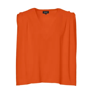 Bluzat Women's Yellow / Orange Neon Orange Draped Top With Padded Shoulders And 'v' Neckline In Yellow/orange