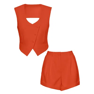 Bluzat Women's Yellow / Orange Orange Suit With Vest And Shorts In Yellow/orange