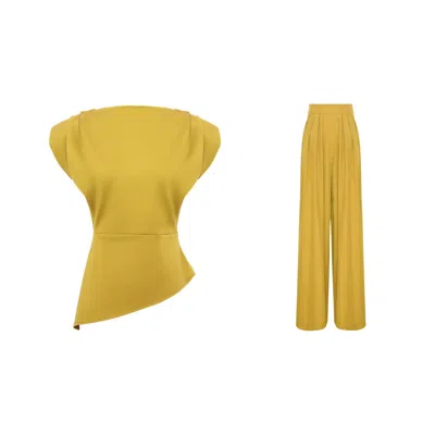 Bluzat Yellow / Green Lime Set With Structured Shoulder Top And Palazzo Pants In Multi
