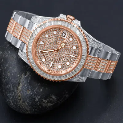 Pre-owned Bm Hurricane Icy Authentic Baguette Cz Solid Steel 2 Tone On Rose Gold Finish 40mm Watch