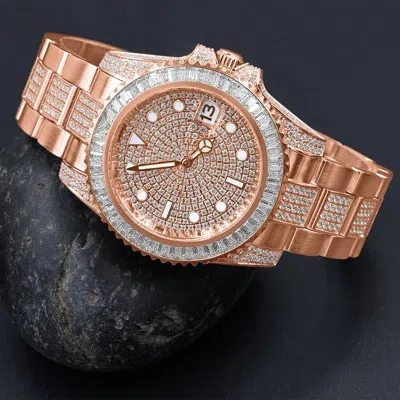 Pre-owned Bm Hurricane Icy Authentic Baguette Cz Solid Steel On 18k Rose Gold Finish 40mm Watch