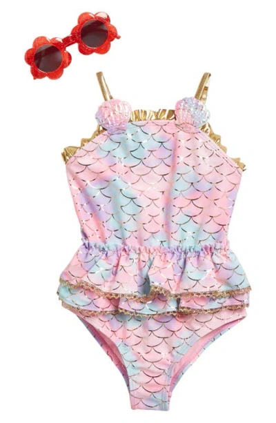 Bmagical Kids' Mermaid Ruffle One-piece Swimsuit & Sunglasses Set In Gold
