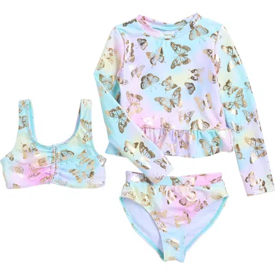 Bmagical Kids' Rashguard, Bikini Top & Bikini Bottoms Set In Blue Tiedye