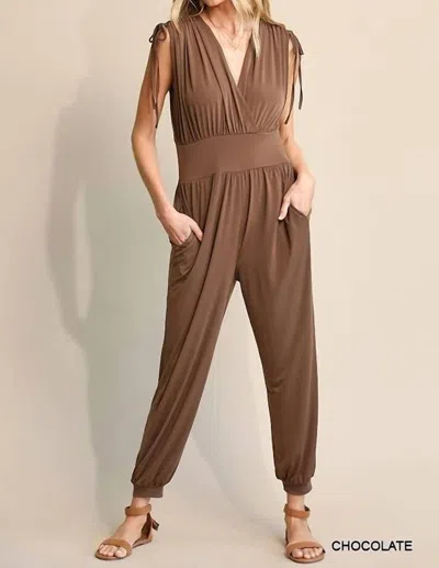Bns Ruched Drawstring Detail Jogger Jumpsuit With Pockets In Chocolate In Brown