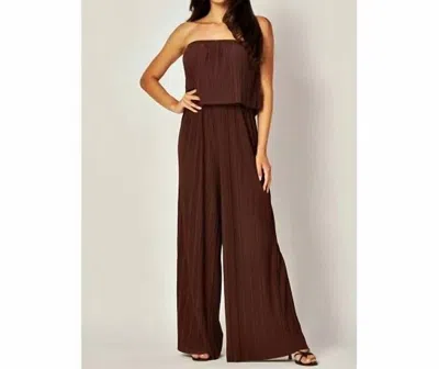 Bns Strapless Pleated Wide Leg Jumpsuit In Brown
