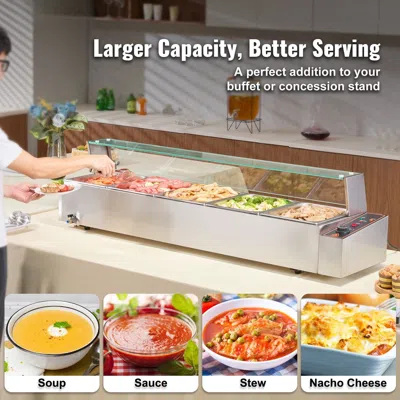 Bnxns 60qt Commercial Food Warmer, 5-pan Electric Steam Table With Glass Cover, 1500w Countertop Stainless