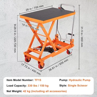 Bnxns Hydraulic Lift Table Cart, 330lbs Capacity 28.5" Lifting Height, Manual Single Scissor Lift Table Wi