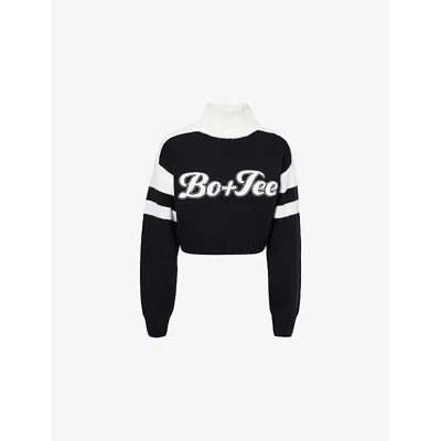 Bo+tee Womens Black Logo-appliqué Cropped Knitted Jumper