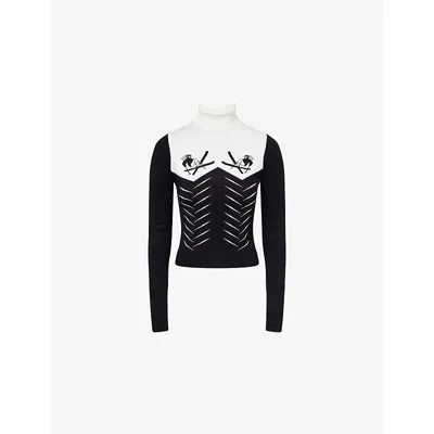 Bo+tee Womens Black Ski-print Turtleneck Knitted Jumper Xs