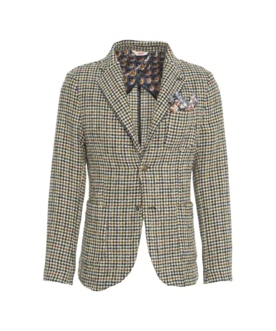 Bob Classic Beige Pied De Poule Blazer With Tailored Fit And Patterned Lining In Green