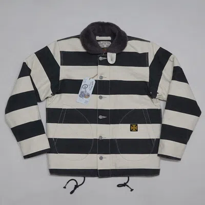 Pre-owned Bob Dong Motorcycle 20oz Canvas Prison Striped Jacket Racer Biker N-1d Hookless In Black