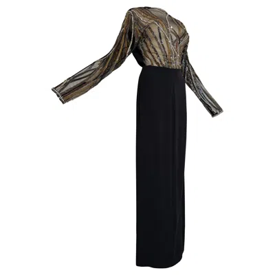 Pre-owned Bob Mackie 1970s  Black Crepe Column Gown W Glamorous Bugle Bead Streamers