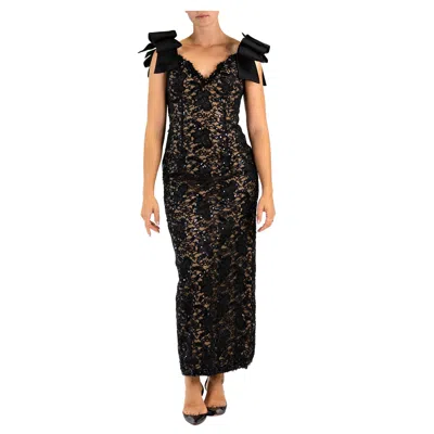 Pre-owned Bob Mackie 1980s  Black & Cream Lace Gown With Fab Bow Sleeves In White