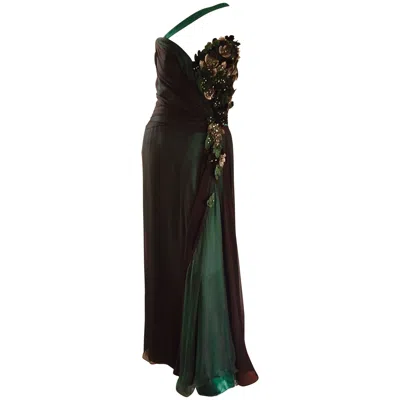Pre-owned Bob Mackie 1980s  Couture Emerald Green Chiffon Leather Leaf 80s Grecian Gown 6