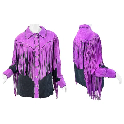 Pre-owned Bob Mackie Amazing  1990s Size Large Suede Purple Black Fringe Vintage 90s Jacket