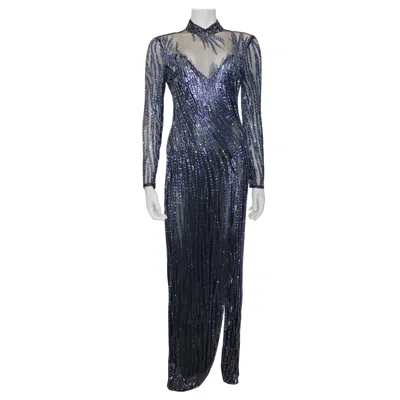 Pre-owned Bob Mackie Black Mesh W/ Blue Beading Long Sleeve High Neck Gown Circa 1990s
