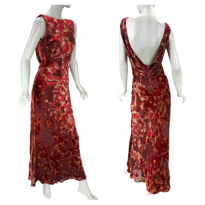 Pre-owned Bob Mackie Boutique Devore Semi-sheer Velvet Floral Print Bias Cut Long Dress 6 In Brown