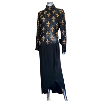 Pre-owned Bob Mackie Boutique Vintage Fleur De Lis Beaded Black And Gold Dress Size 6/8