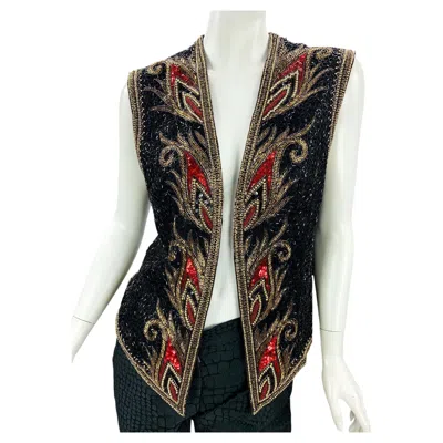 Pre-owned Bob Mackie Boutique Vintage Fully Beaded Silk Vest Jacket Us Size 8 In Black