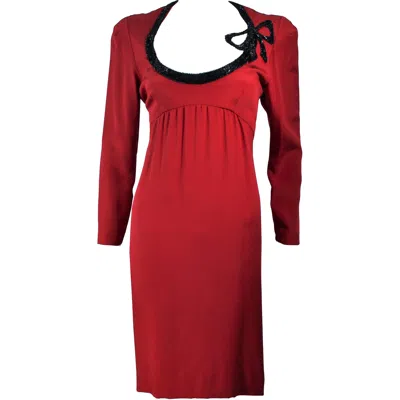 Pre-owned Bob Mackie Burnished Red Silk Dress With Black Beaded Bow Neckline Size 8