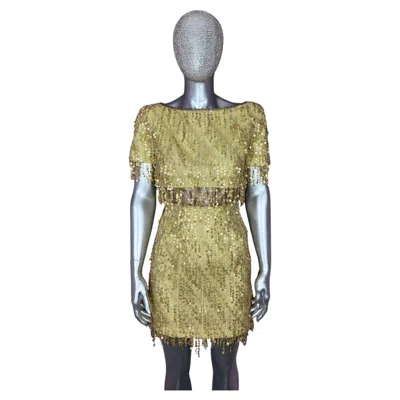 Pre-owned Bob Mackie C 1991 Gold Sequin Fringe & Lace Embellished Mini Dress In Brown