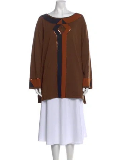 Pre-owned Bob Mackie Colorblock Pattern Scoop Neck Sweater In Brown