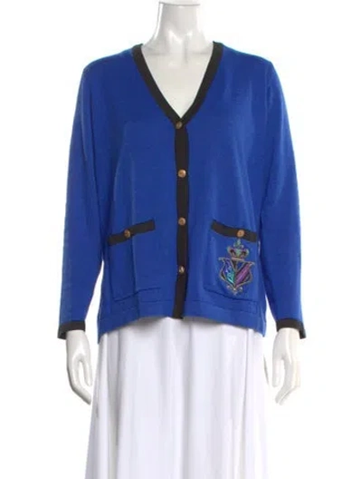 Pre-owned Bob Mackie Colorblock Pattern V-neck Sweater In Blue