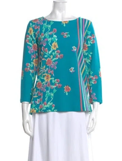 Pre-owned Bob Mackie Floral Print Bateau Neckline Top In Blue