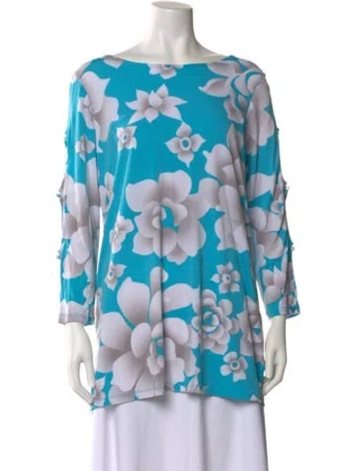 Pre-owned Bob Mackie Floral Print Bateau Neckline Tunic In Blue