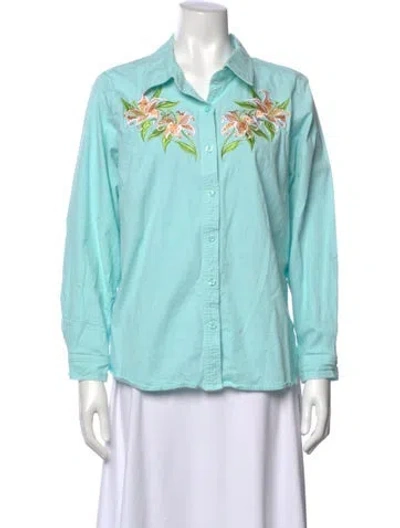 Pre-owned Bob Mackie Floral Print Long Sleeve Button-up Top In Blue