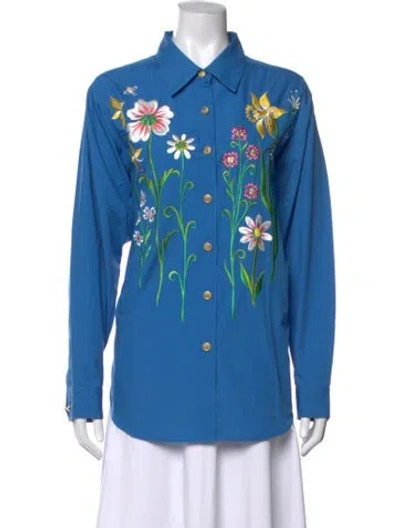 Pre-owned Bob Mackie Floral Print Long Sleeve Button-up Top In Blue