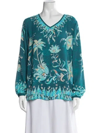 Pre-owned Bob Mackie Floral Print V-neck Blouse In Blue