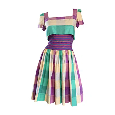 Pre-owned Bob Mackie For Neiman Marcus Important Cotton Plaid 50s Style Vintage Dress In Gray