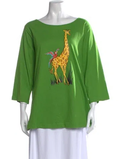 Pre-owned Bob Mackie Graphic Print Crew Neck Top In Green