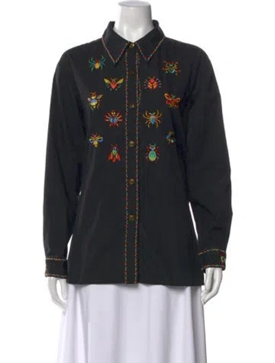 Pre-owned Bob Mackie Graphic Print Long Sleeve Button-up Top In Black
