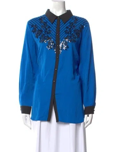 Pre-owned Bob Mackie Graphic Print Long Sleeve Button-up Top In Blue