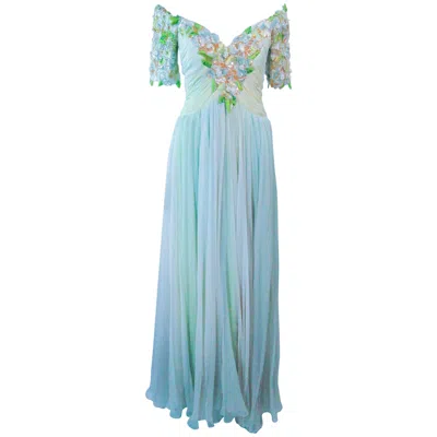 Pre-owned Bob Mackie Green Chiffon Flower Embellished Gown Size 2 4