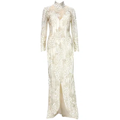 Pre-owned Bob Mackie Iconic 1989  White Embroidered Beaded Grapevine Design Gown