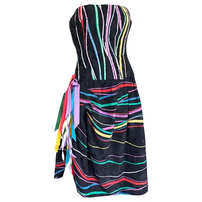 Pre-owned Bob Mackie Late 1970s  Rare Sequin + Ribbons Vintage 70s Strapless Silk Dress In Black