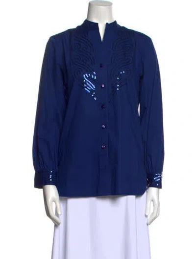 Pre-owned Bob Mackie Mock Neck Long Sleeve Button-up Top In Blue
